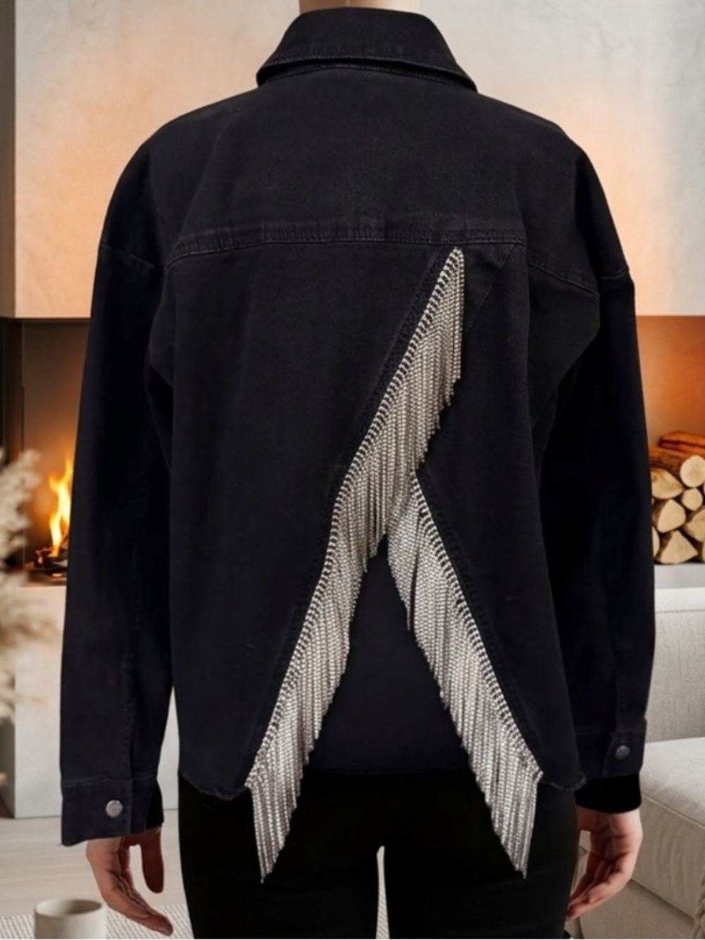 NWT Women with Control Black Denim Jacket with Silver Bling Fringe